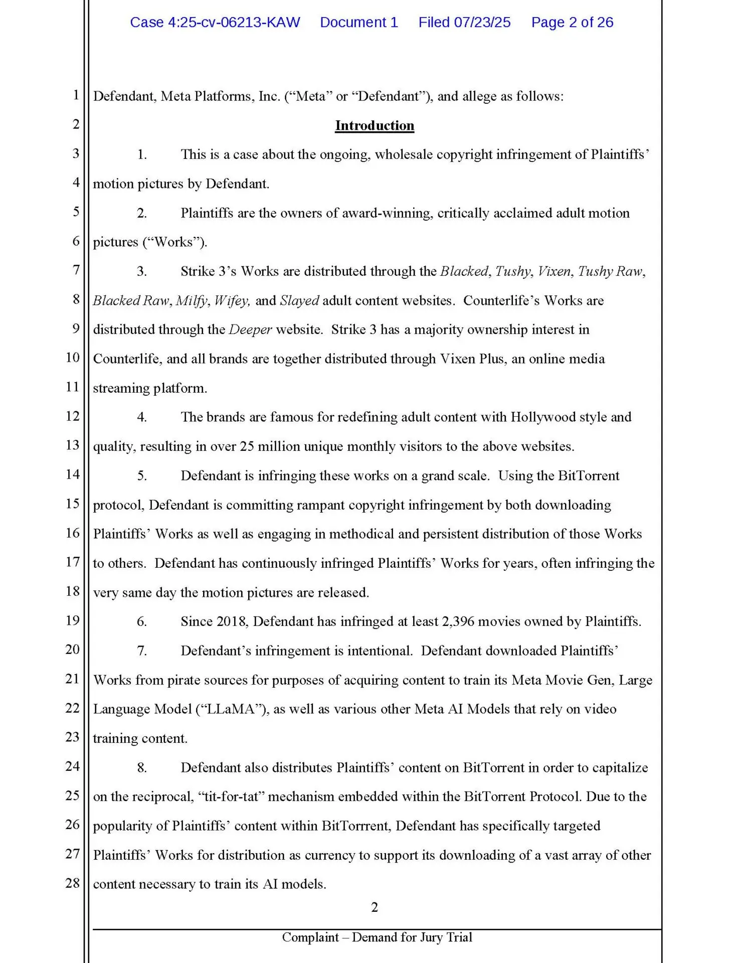 Vixen Media Group Parent Strike 3 Holdings Files $359 Million Copyright Suit Against Meta Over Alleged AI Training Piracy