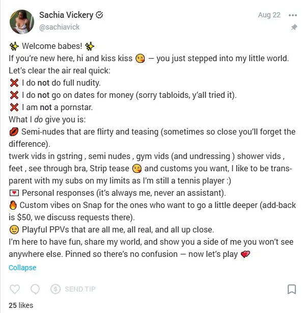Tennis Player Sachia Vickery Defends OnlyFans Account as U.S. Open Qualifiers Begin