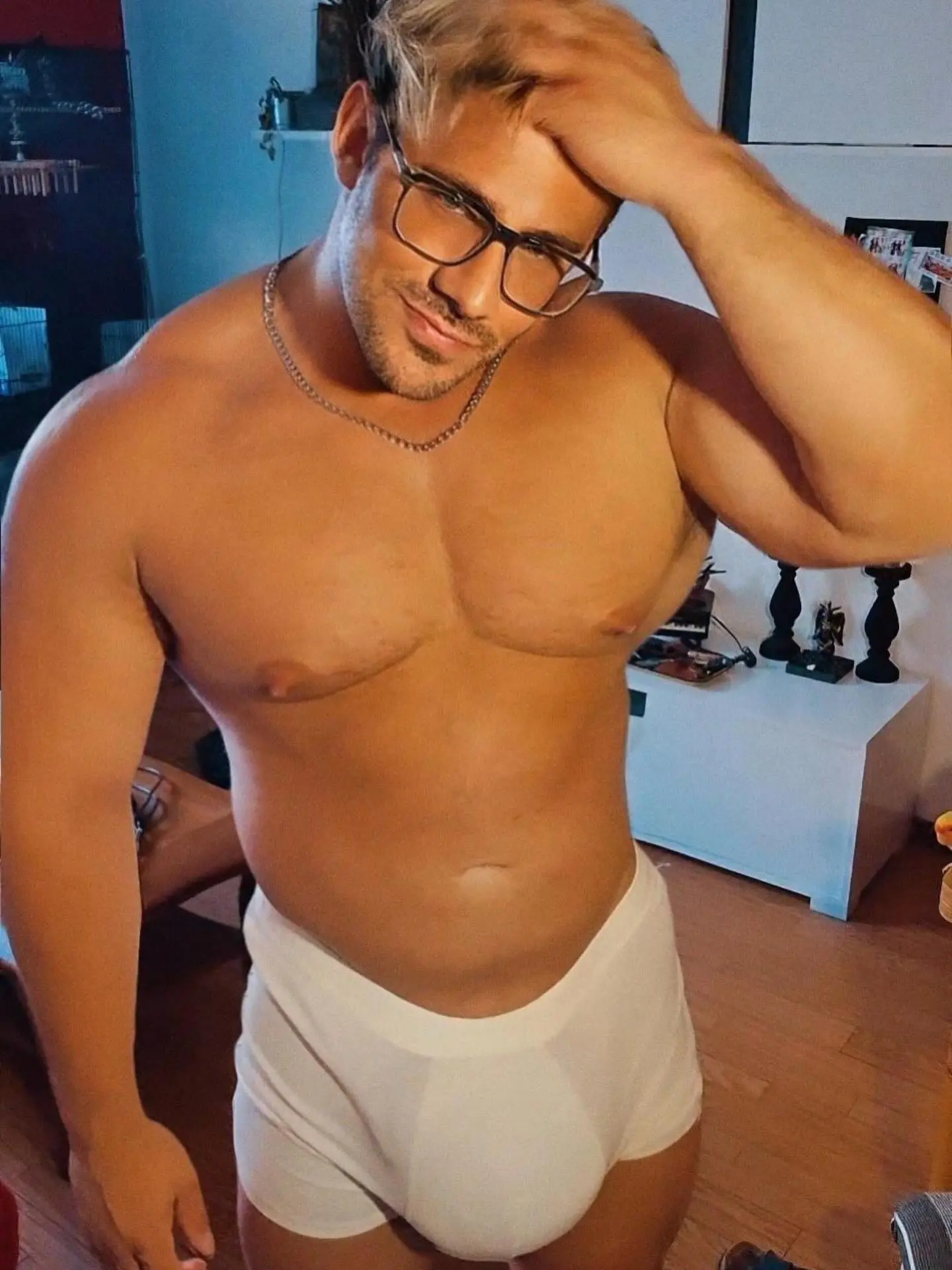 chest model with big underwear bulge