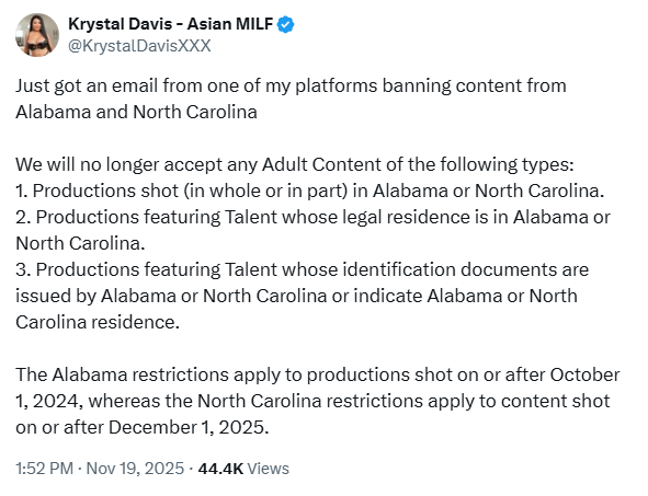 Why Adult Platforms Are Banning Content From Alabama and North Carolina