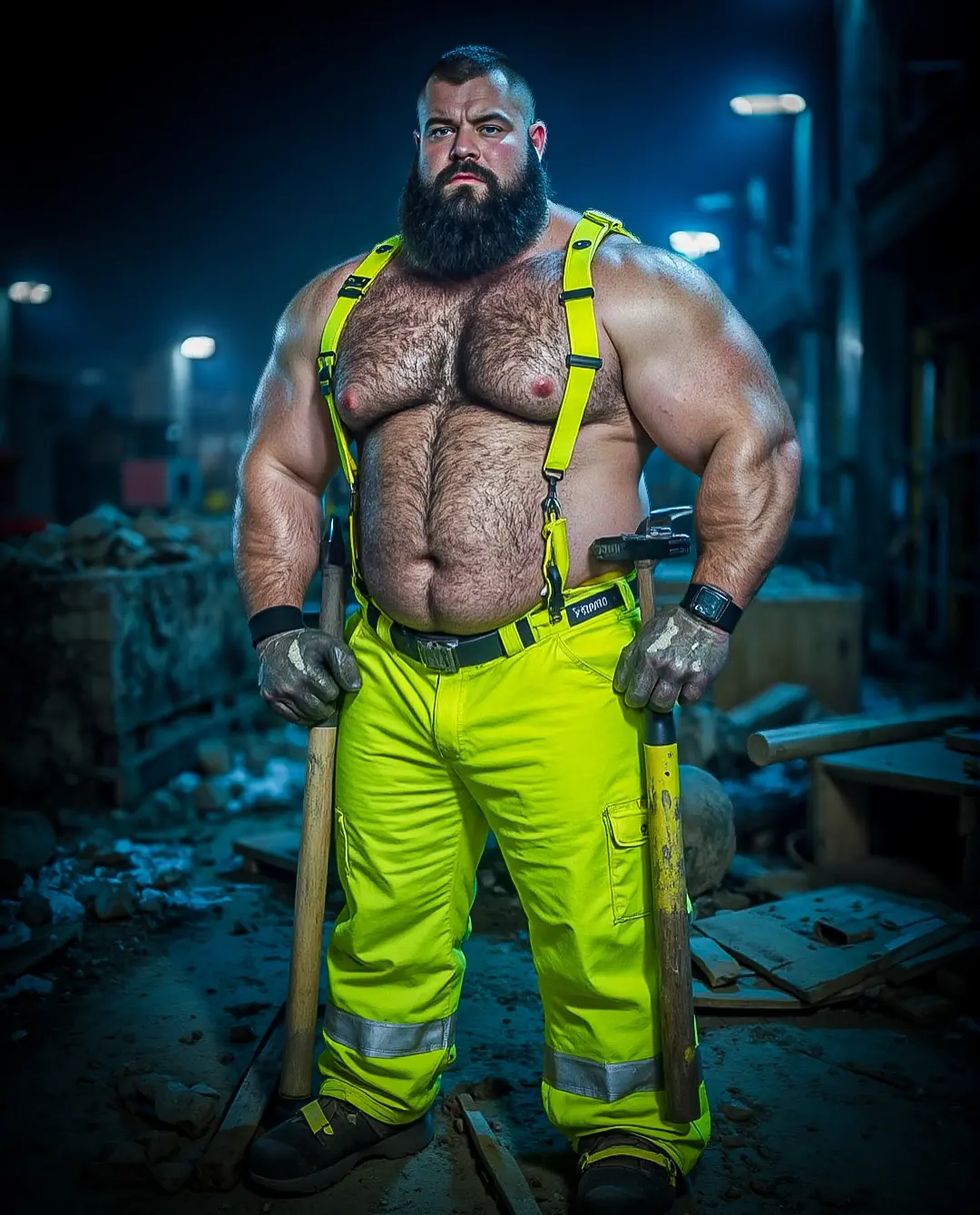 hairy bear in construction pants 