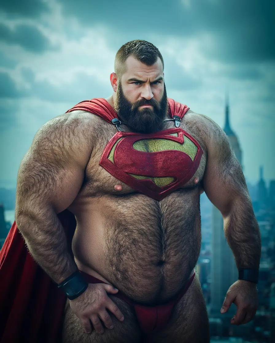 hairy bear in Superman cosplay