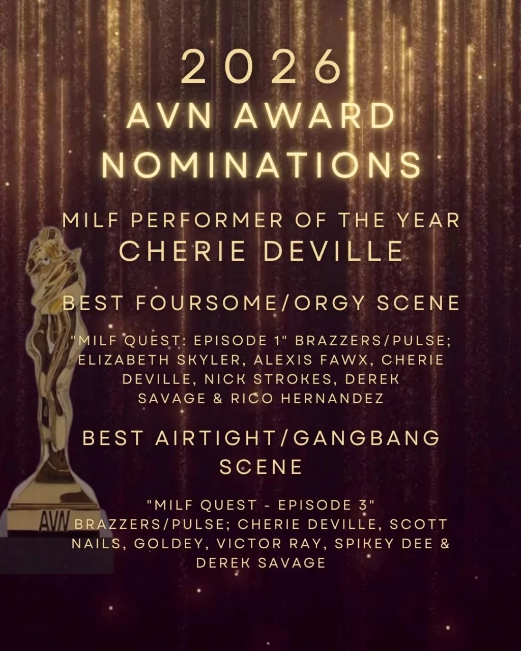 Cherie DeVille Seizes Three 2026 AVN Award Nominations, Including ‘MILF Performer of the Year’
